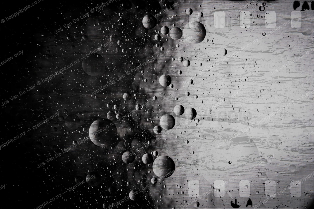 Oil Droplets Drift Between Darkness and Light — Cosmic Illusion — Abstract photo by Jos Van De Laar