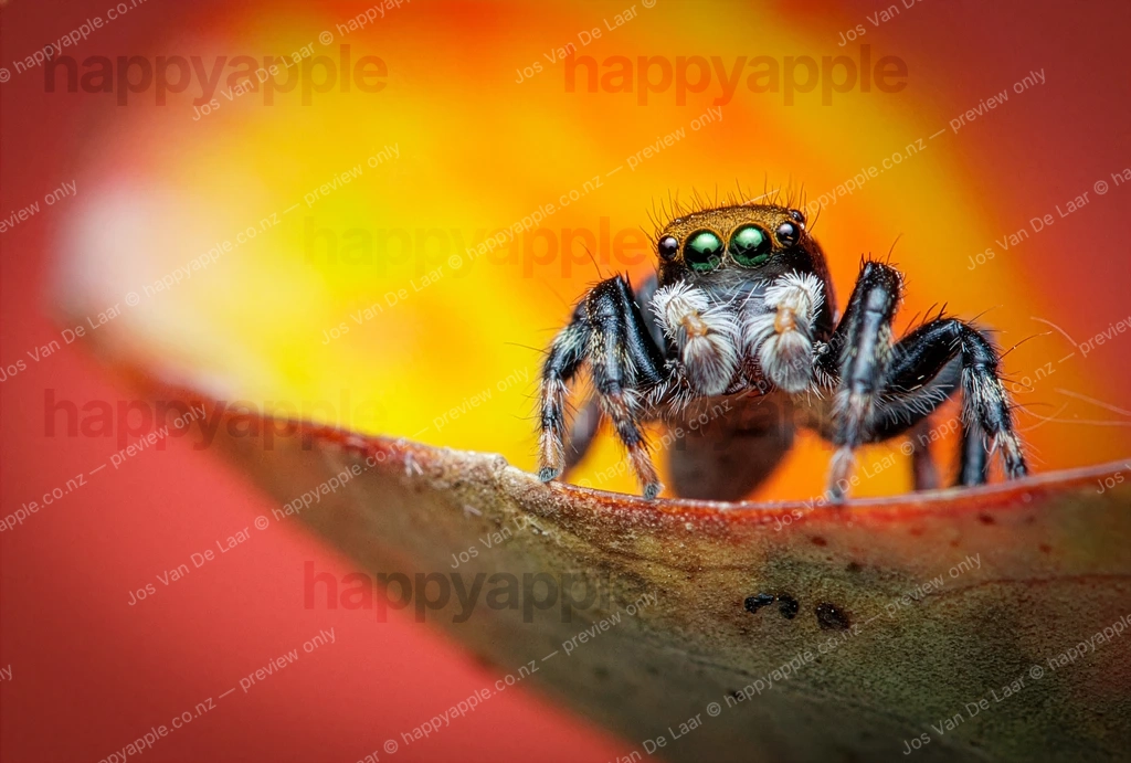 Jumping Spider Perched on Leaf Edge Against Vivid Bokeh — Macro photo by Jos Van De Laar