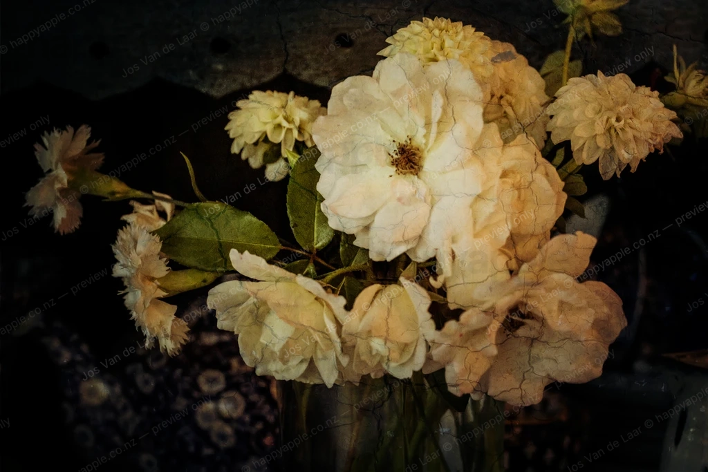 White roses and mixed flowers in a dark moody bouquet arrangement — Nature photo by Jos Van de Laar
