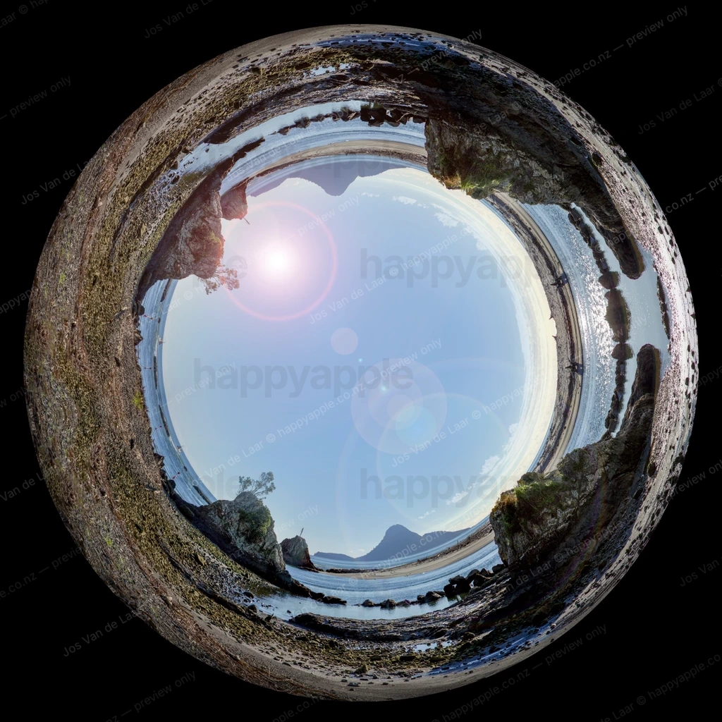 Small planet 360 projection of rocky coastal headland and sky — Travel photo by Jos Van de Laar