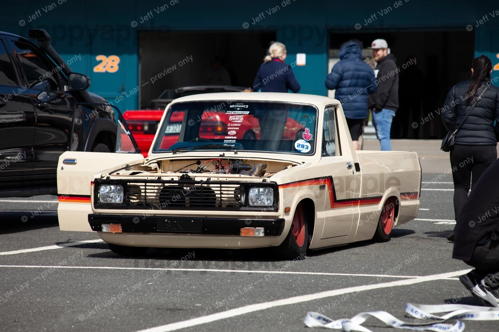 Slammed Vintage Mini Truck at Car Show with Hood Open — Automotive photo by Jeff Van de Laar